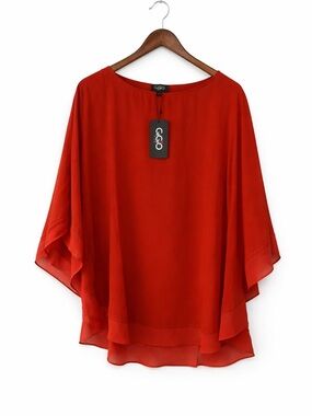 GiGiO Red Flowy Blouse Women Small Sheer Overlay Poncho Cape Top Boho Chic